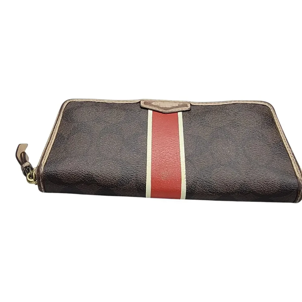 Coach Signature Zip Around Long Wallet Heritage Stripe Brown Red Canvas